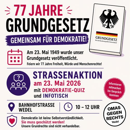 Straßenaktion und Demokratie-Quiz der OMAS GEGEN RECHTS Wedel zum 77. Geburtstag des Grundgesetzes 
