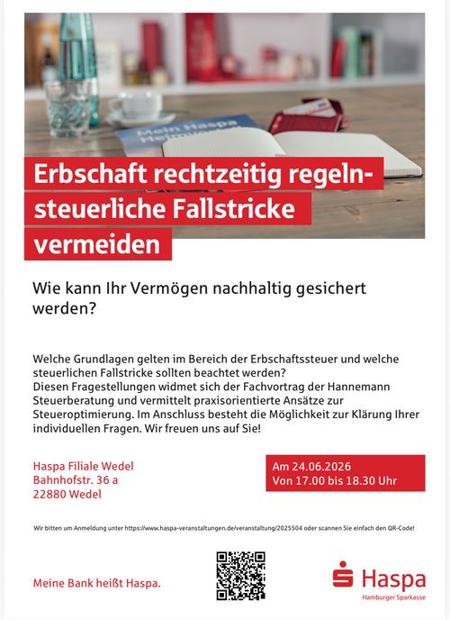 Haspa Veranstaltung Erbschaft rechtzeitig regeln - steuerliche Fallstricke vermeiden