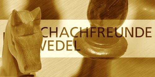 Symbolbild der Schachfreunde Wedel mit ihrem Schriftzug und zwei Schachfiguren, einem Pferd und einem Läufer.